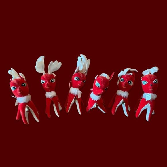 Set of 6 Vintage Sawdust Red Velvet Deer W/Bell Christmas Japan 8" Wire in Ears - Picture 1 of 1